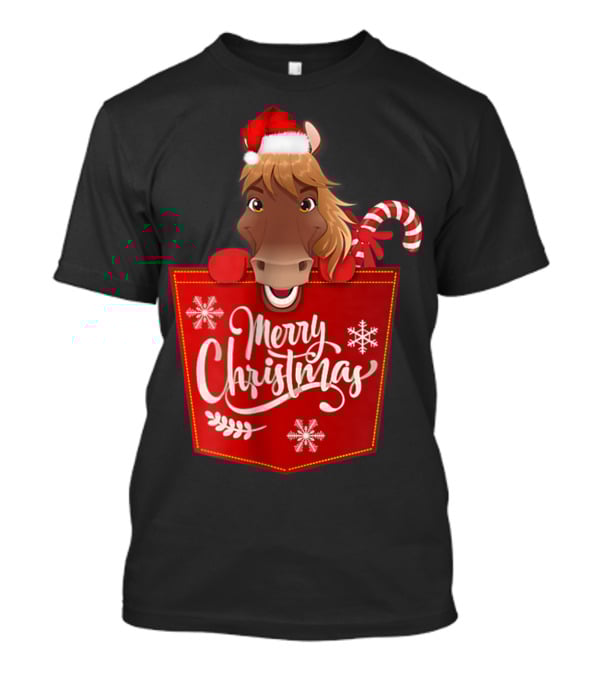 Merry Christmas Santa Hat Horse Candy Cane Funny Pocket T-Shirt