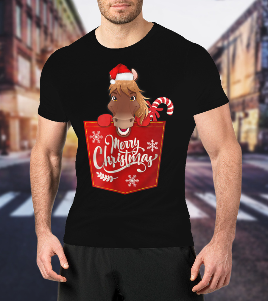 Merry Christmas Santa Hat Horse Candy Cane Funny Pocket T-Shirt