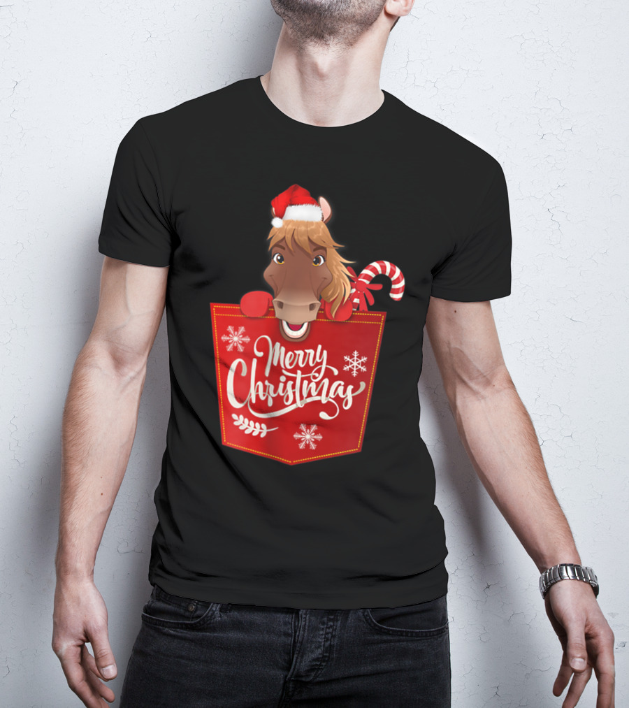 Merry Christmas Santa Hat Horse Candy Cane Funny Pocket T-Shirt