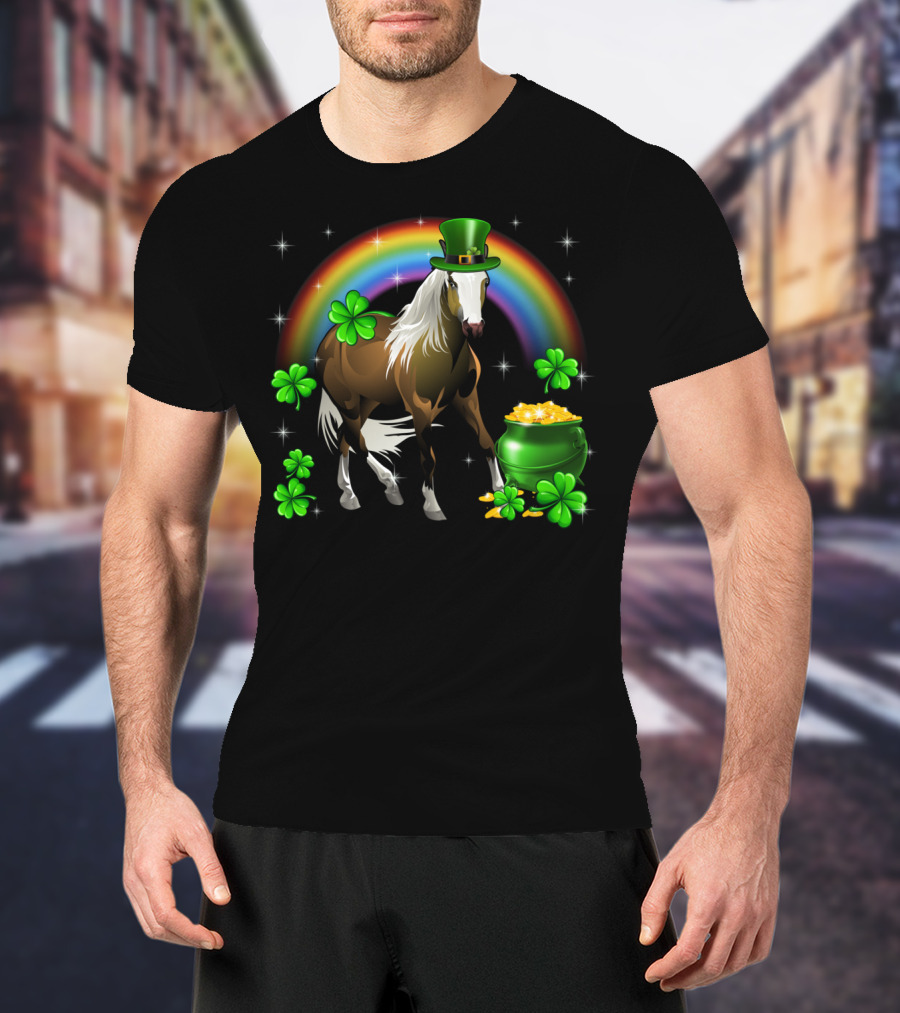 Lucky St Patricks Day Horse With Shamrocks And Rainbow T-Shirt