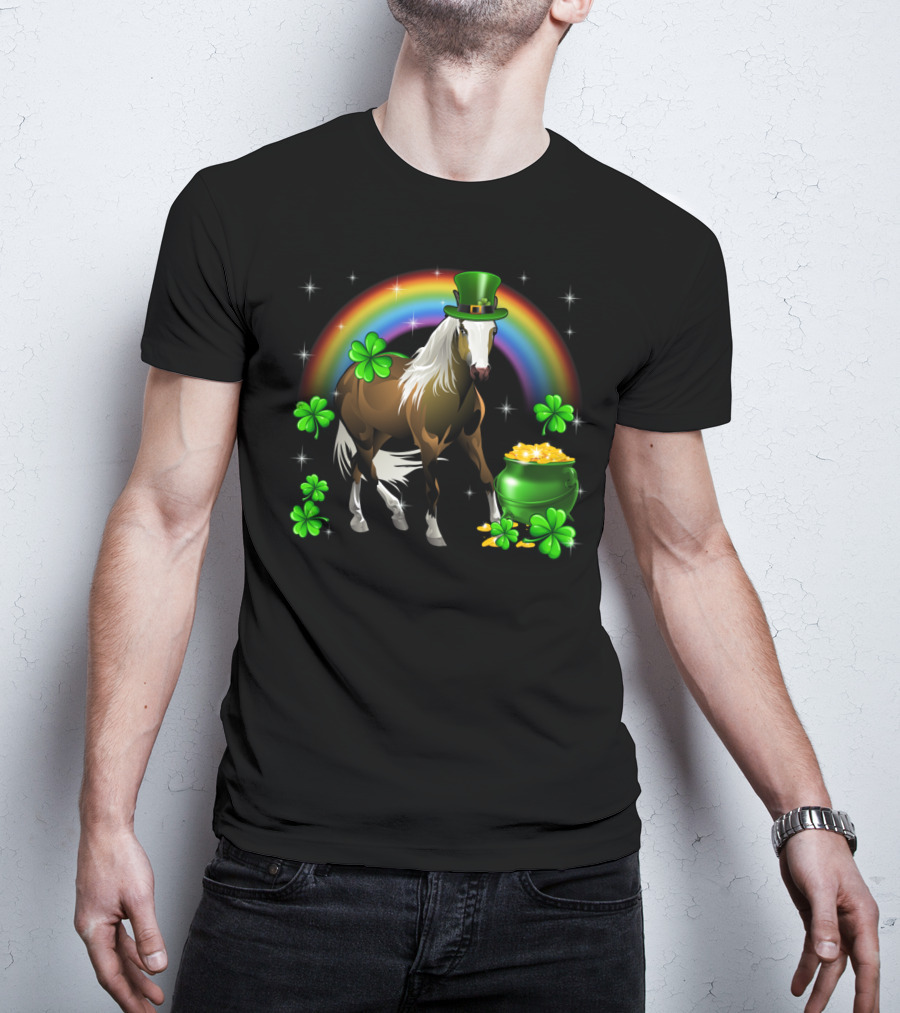 Lucky St Patricks Day Horse With Shamrocks And Rainbow T-Shirt