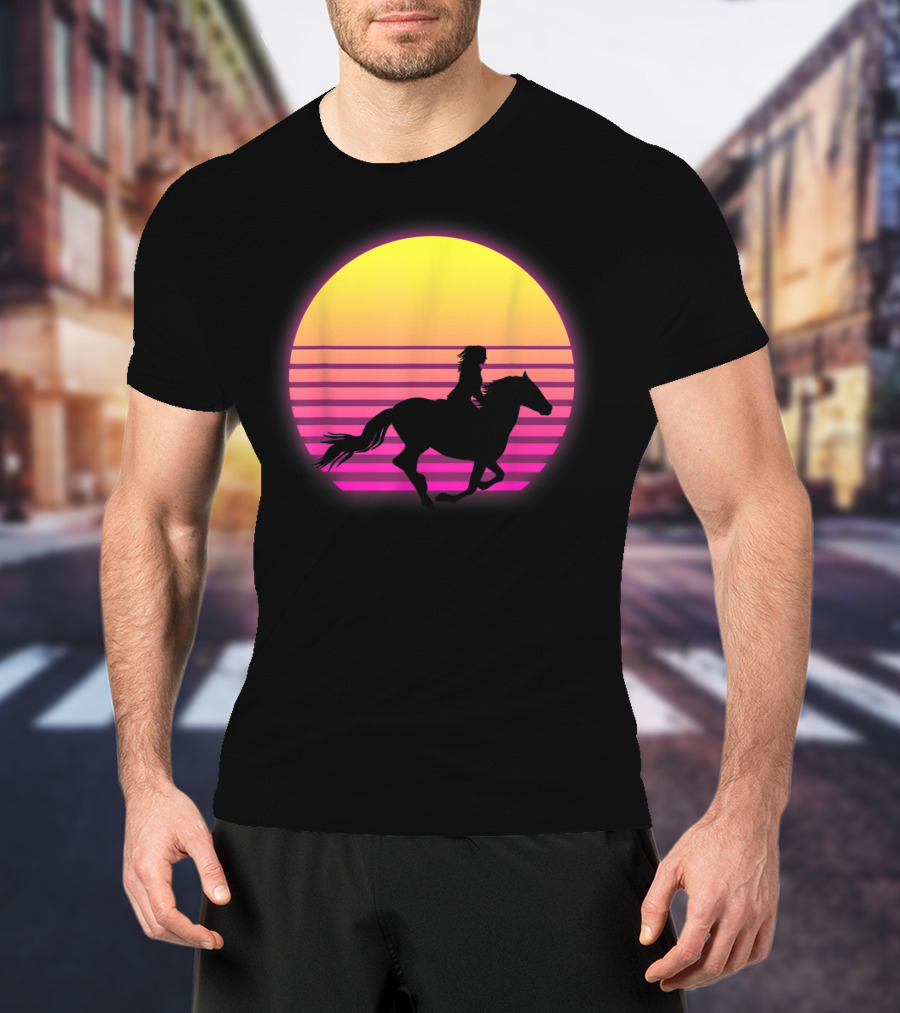 Vintage Sunset Girl Horse Riding Silhouette Retro Cool Horse T-Shirt