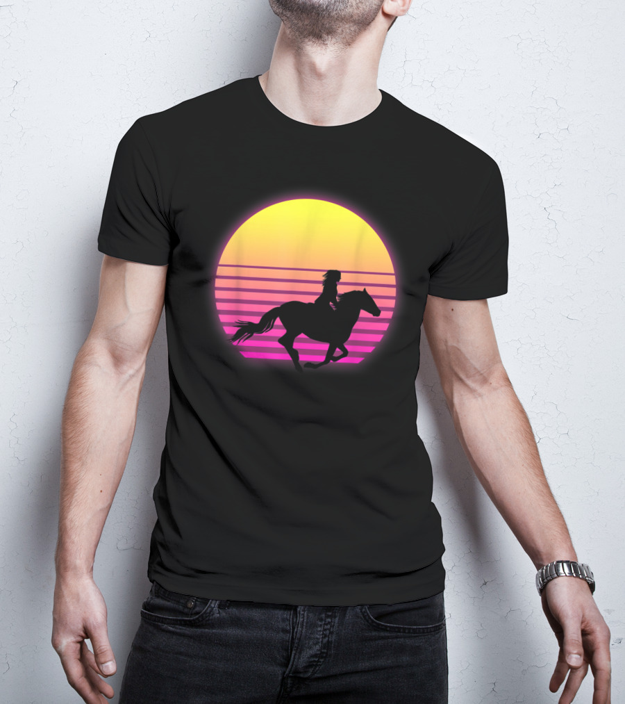 Vintage Sunset Girl Horse Riding Silhouette Retro Cool Horse T-Shirt