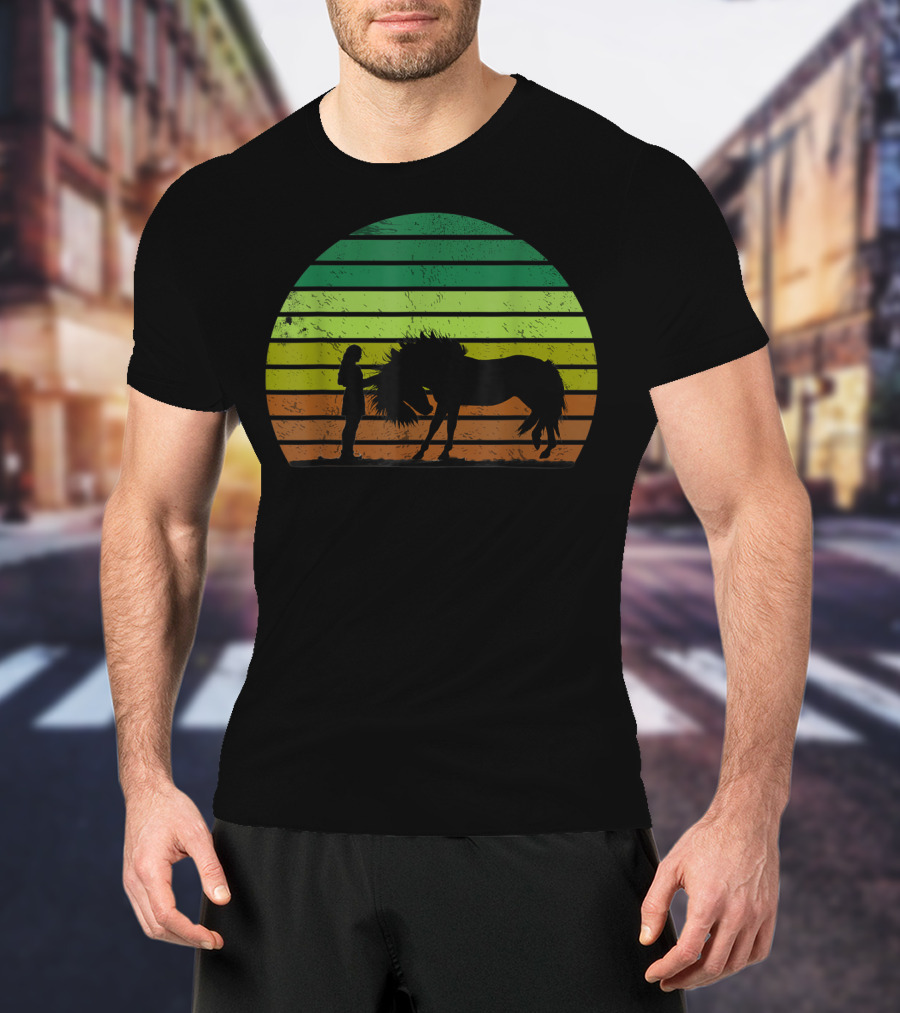 Girl And Horse Silhouette Sunset Stripes T-Shirt