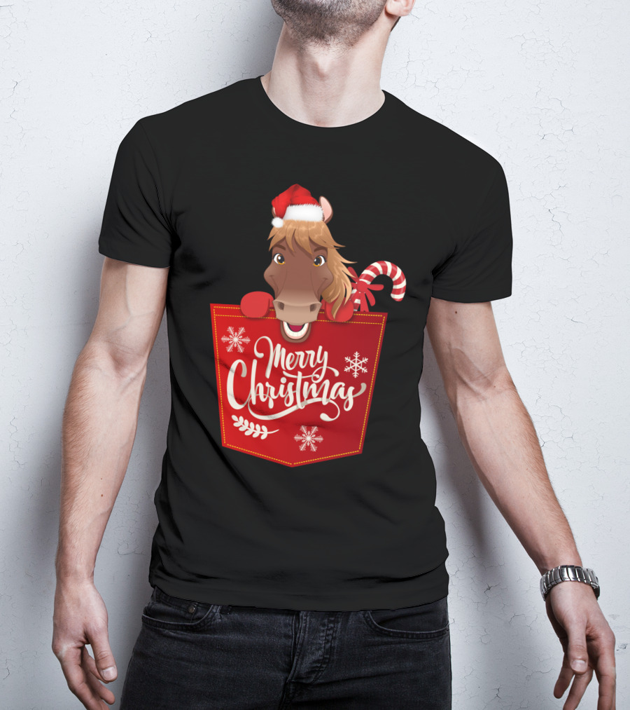 Funny Horse In Santa Hat With Candy Cane Merry Christmas Crewneck T-Shirt