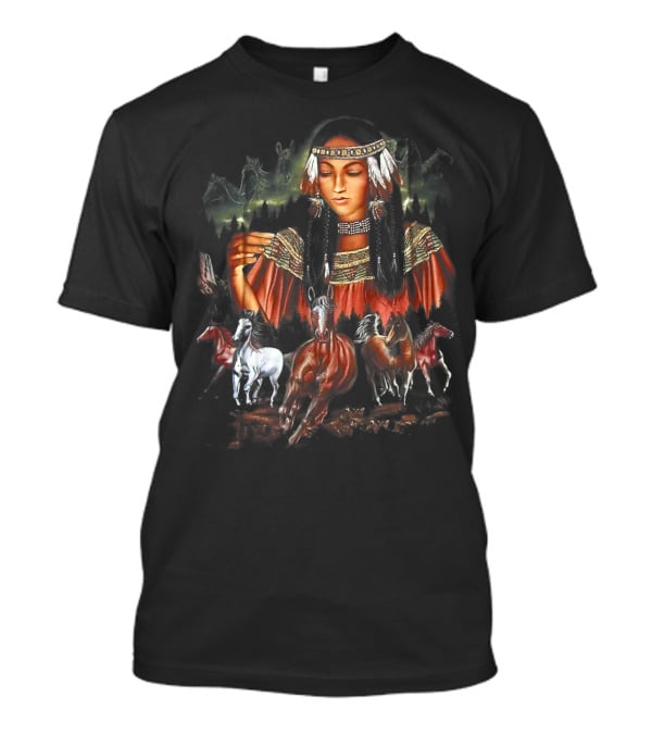 Native American Girl With Horses And Tribal Elements T-Shirt