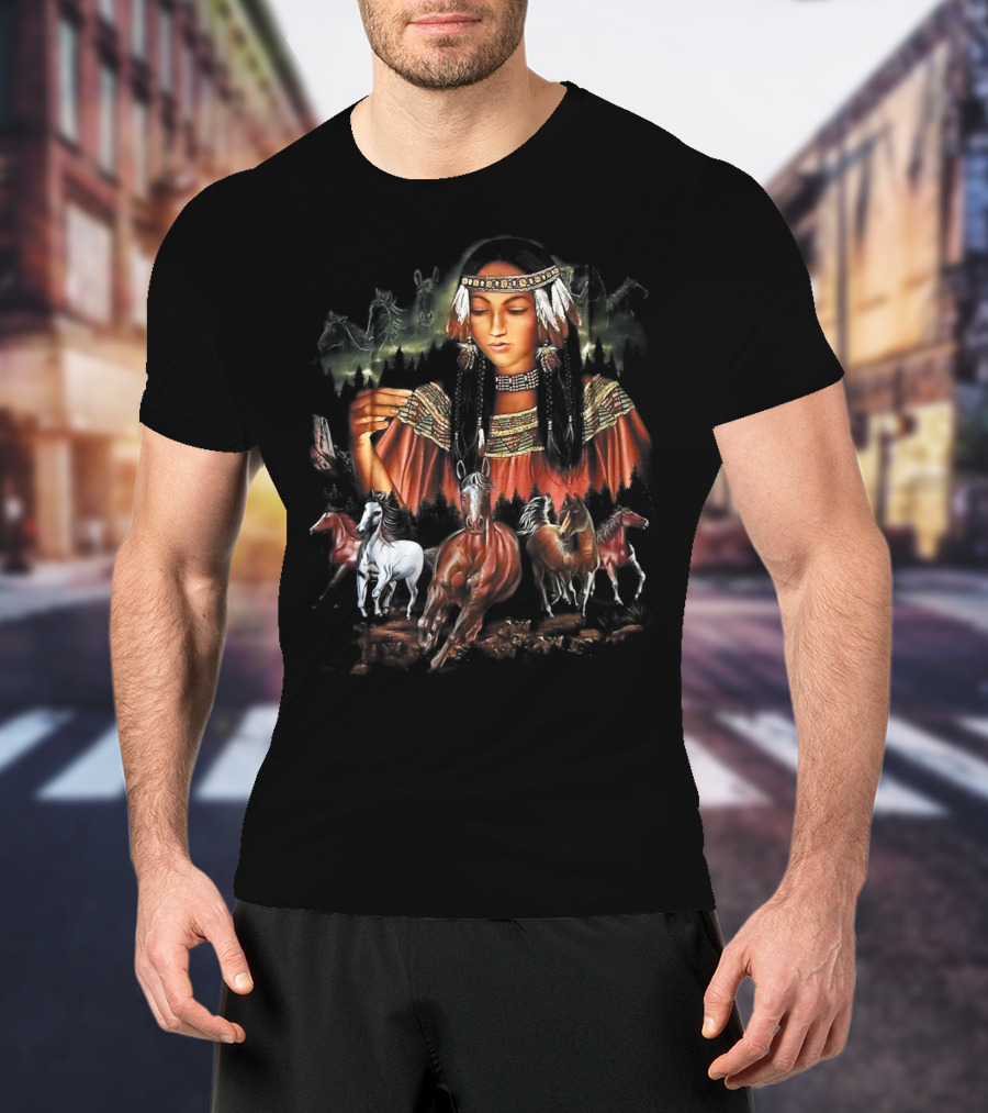 Native American Girl With Horses And Tribal Elements T-Shirt