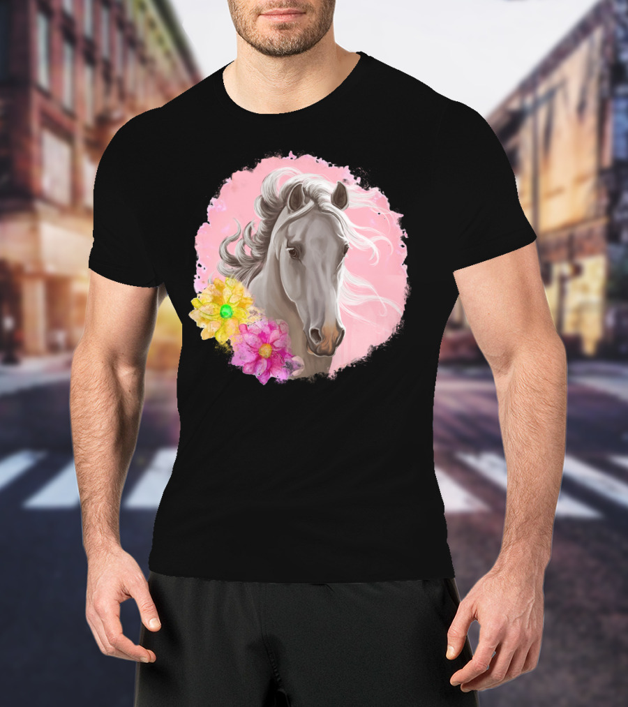 Gorgeous Horse With Vibrant Flowers On Pink Background T-Shirt