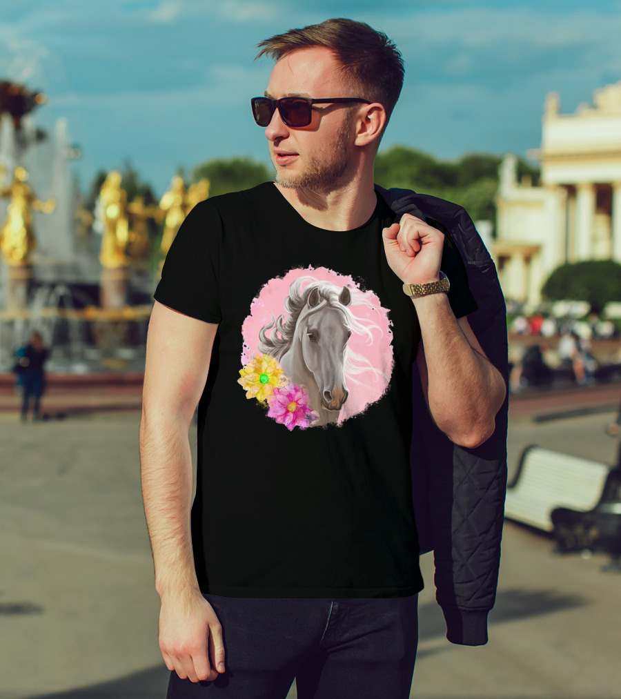 Gorgeous Horse With Vibrant Flowers On Pink Background T-Shirt