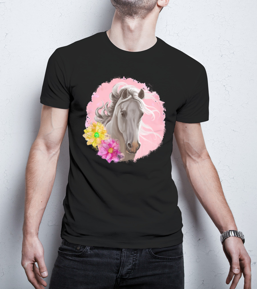 Gorgeous Horse With Vibrant Flowers On Pink Background T-Shirt