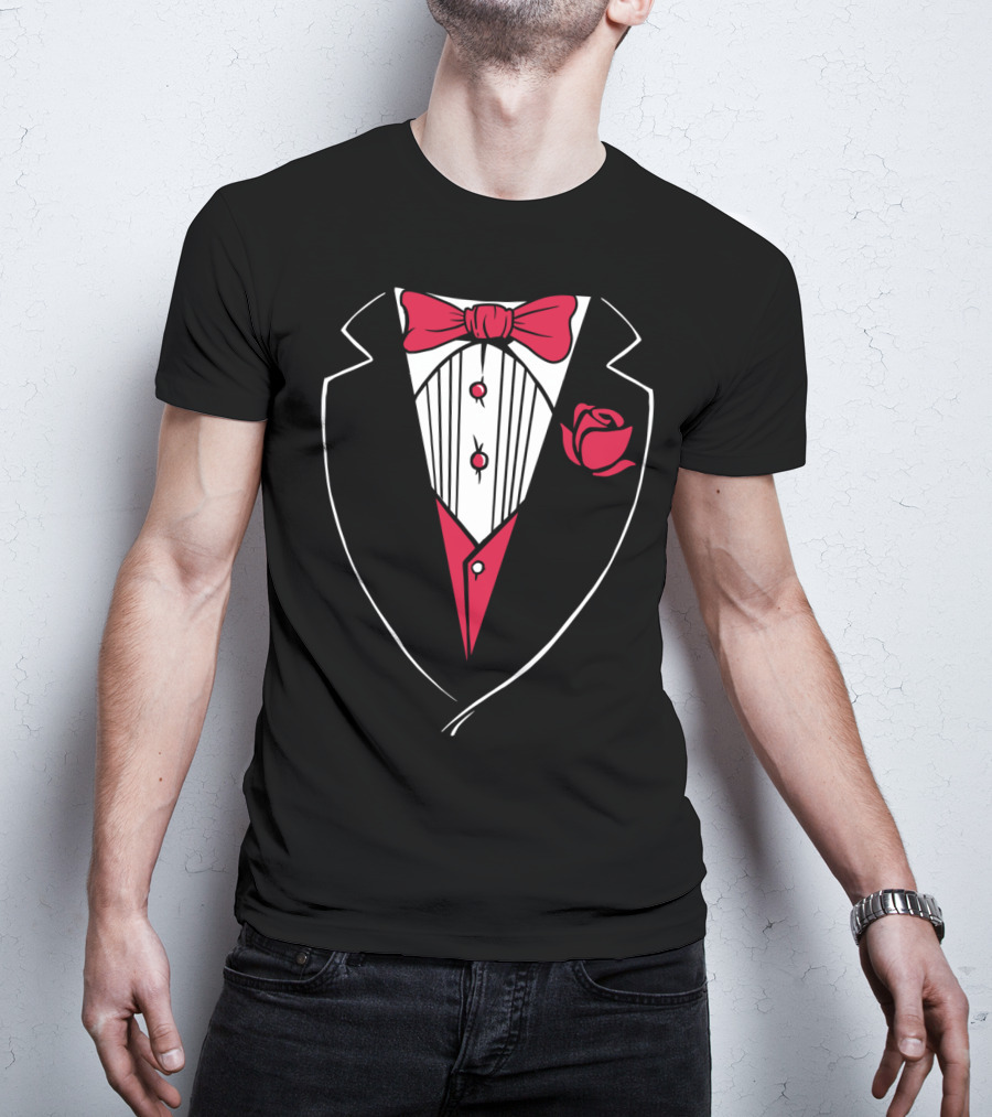 Classic Tuxedo Rose Bowtie Wedding Party Bachelor Costume T-Shirt