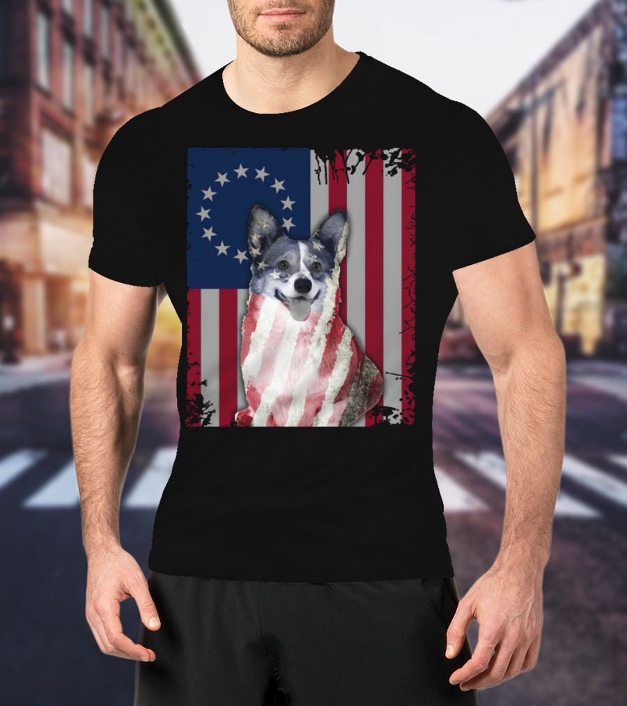 Corgi Betsy Ross US American Flag Costume With Stars And Stripes Background T-Shirt
