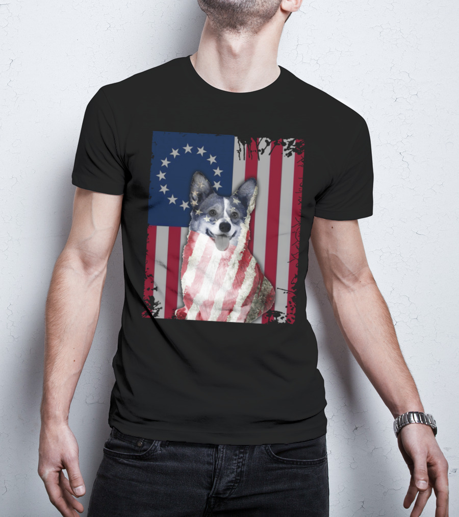 Corgi Betsy Ross US American Flag Costume With Stars And Stripes Background T-Shirt