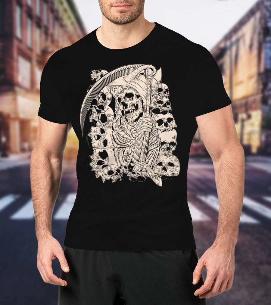 Grim Reaper Skull Scythe Classic Ink Drawing T-Shirt