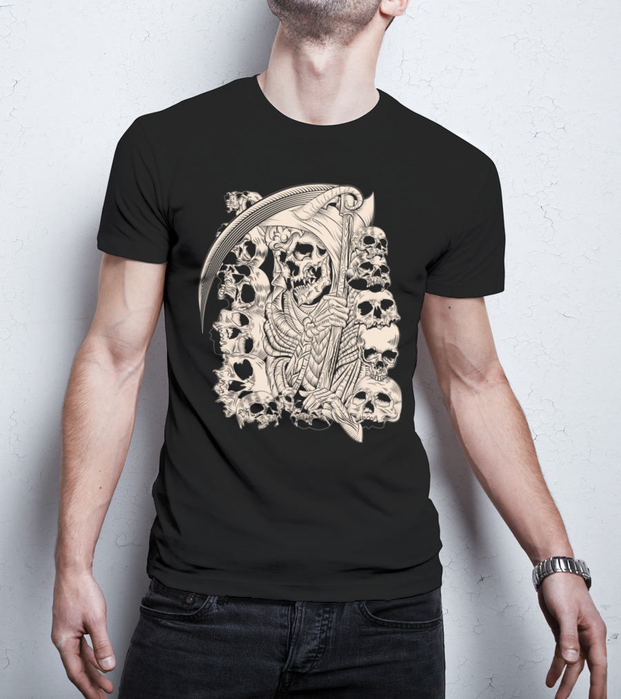 Grim Reaper Skull Scythe Classic Ink Drawing T-Shirt
