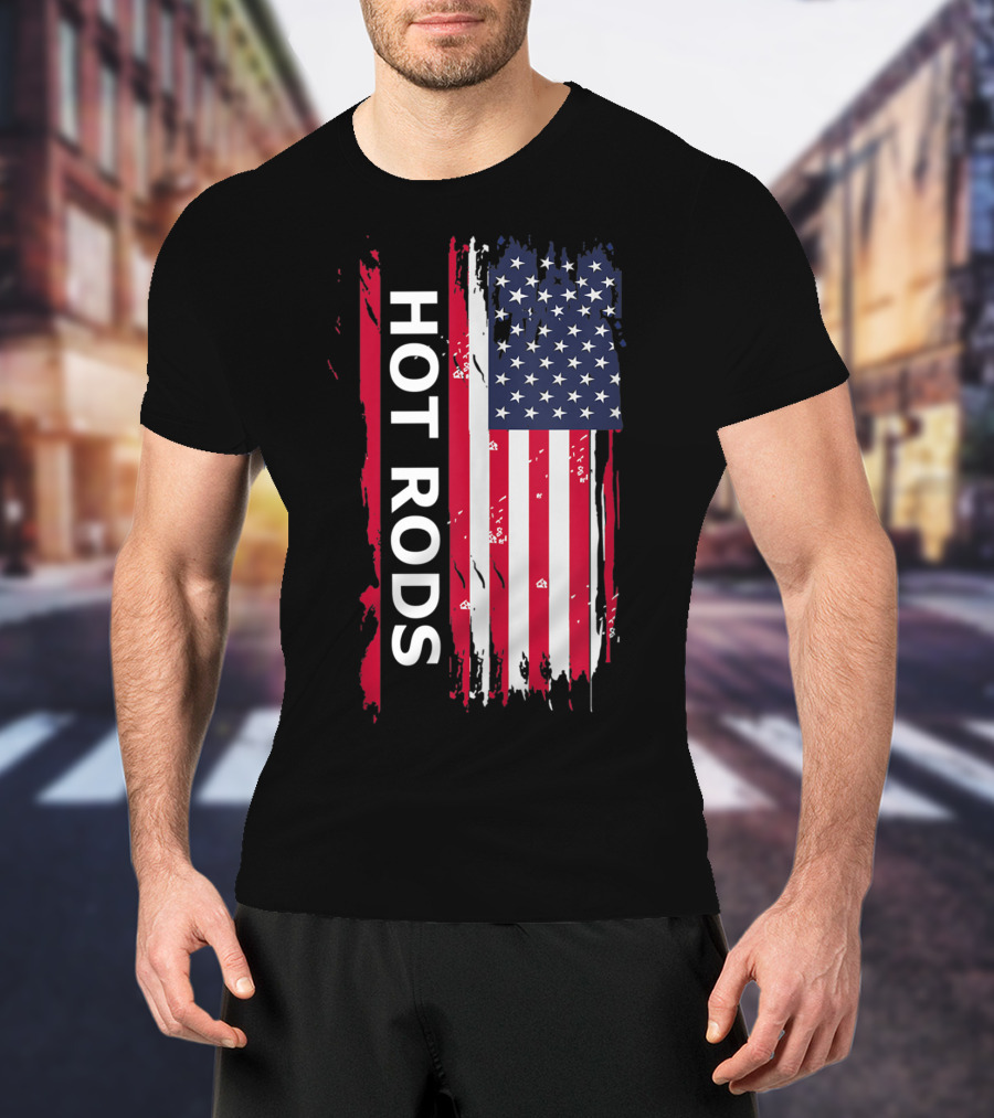 HOT RODS American Flag Classic Muscle Cars T-Shirt
