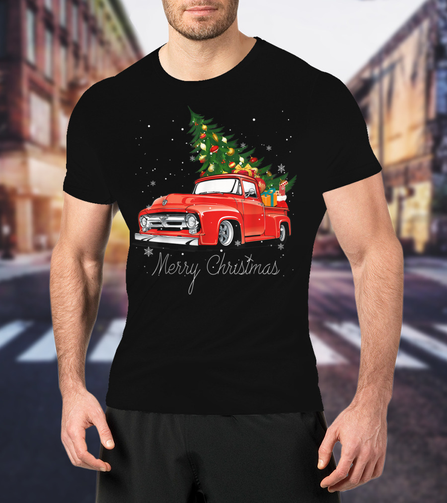 Merry Christmas Red Truck With Christmas Tree And Gifts In Snow T-Shirt