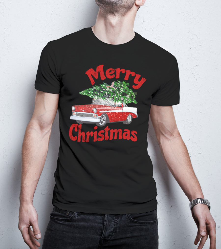 Merry Christmas Vintage Classic Car With Christmas Tree T-Shirt