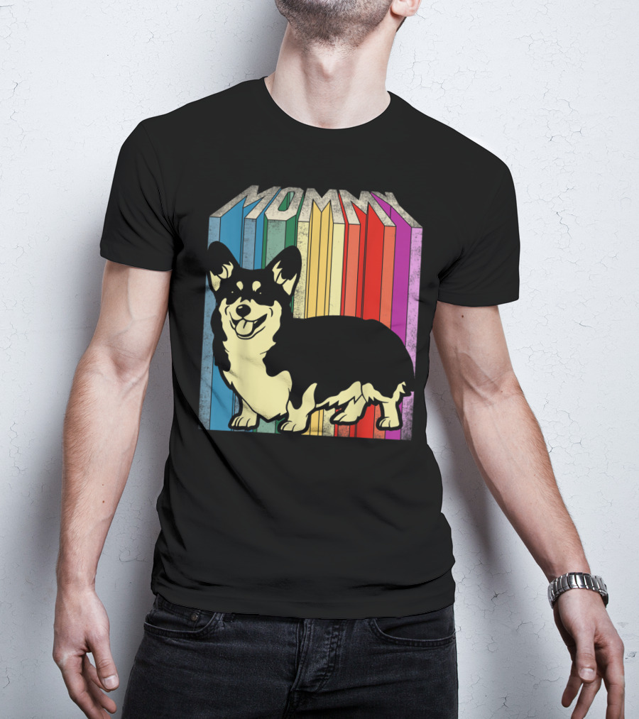 MOMMY Corgi Dog Vintage Rainbow Stripes T-Shirt