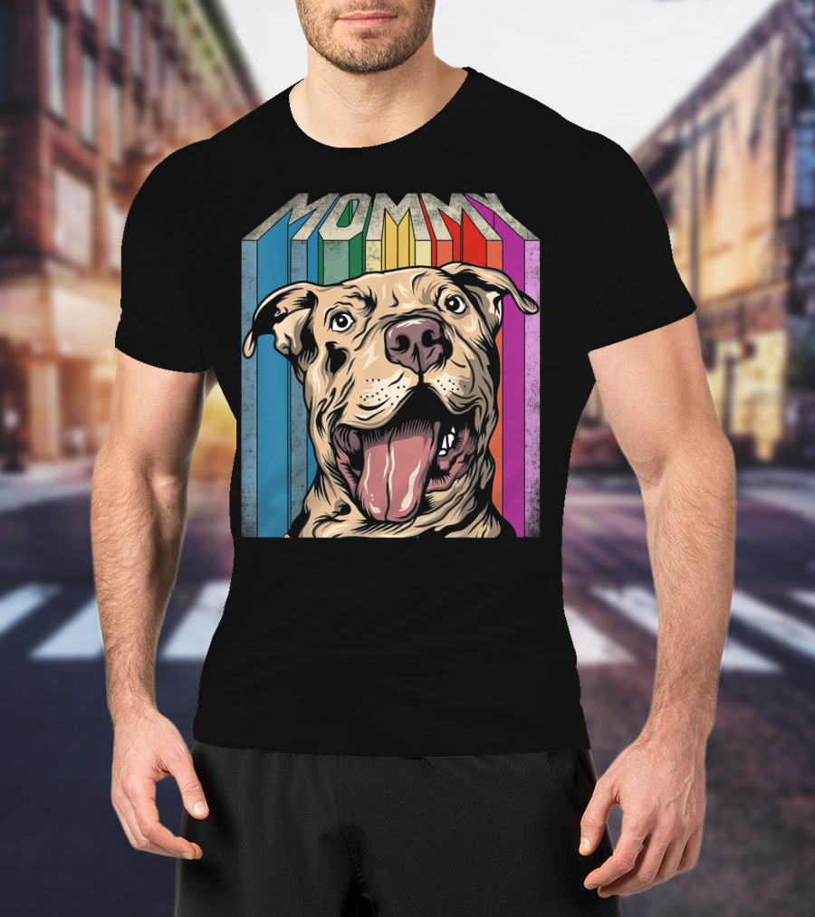 Mommy Pitbull Dog Retro Colorful Stripes T-Shirt