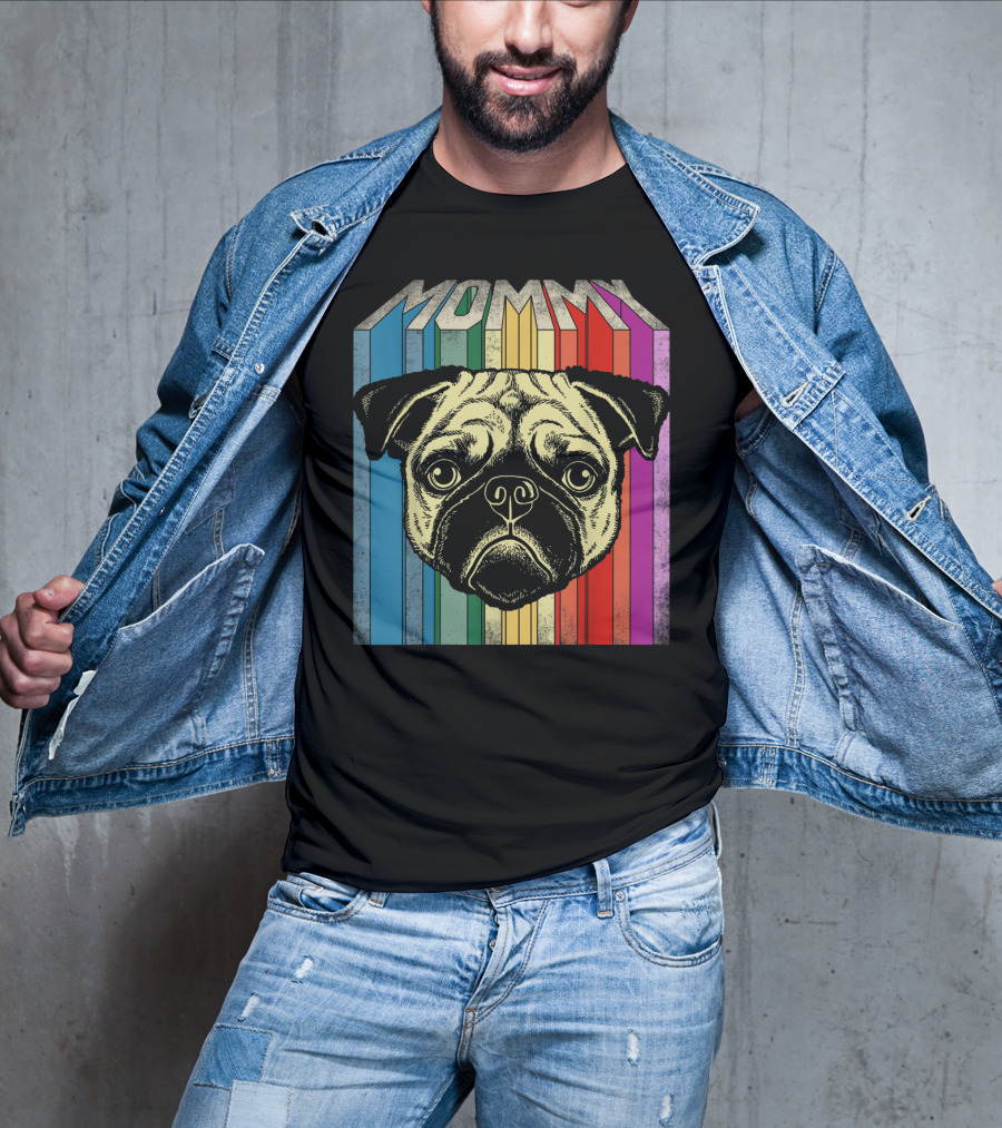 Mommy Pug Dog Retro Rainbow Stripes T-Shirt