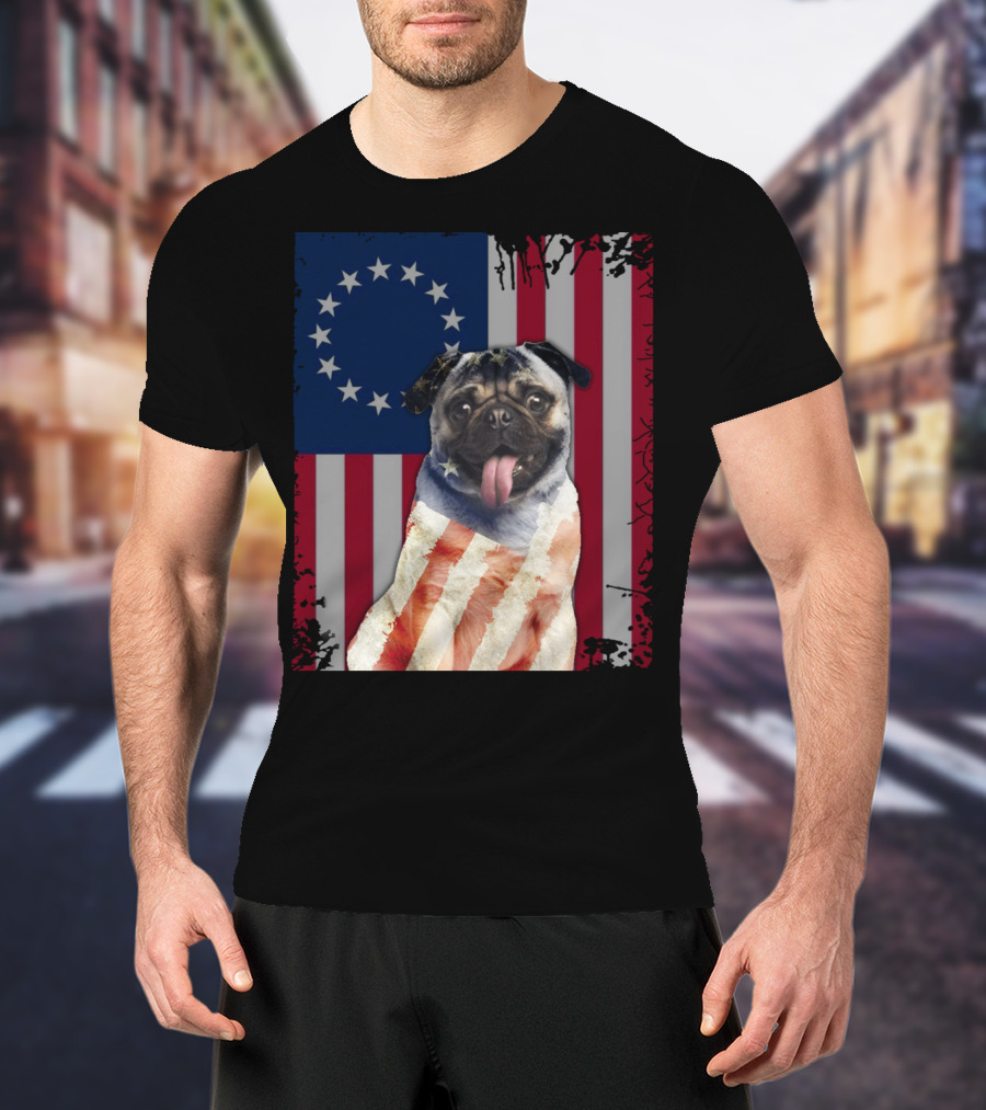 Pug Betsy Ross American Flag Costume Patriotic US Flag T-Shirt