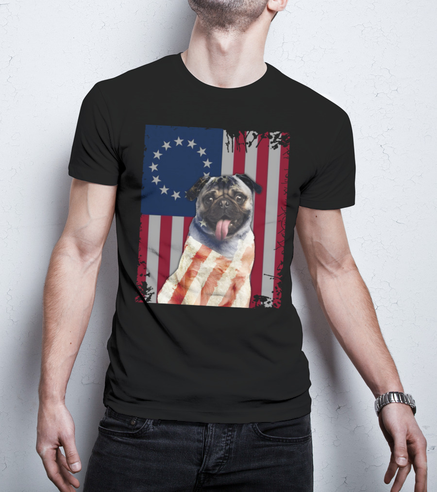 Pug Betsy Ross American Flag Costume Patriotic US Flag T-Shirt