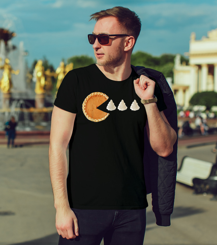 Pumpkin Piece Thanksgiving Day Video Game Pie Whipped Cream Chase T-Shirt