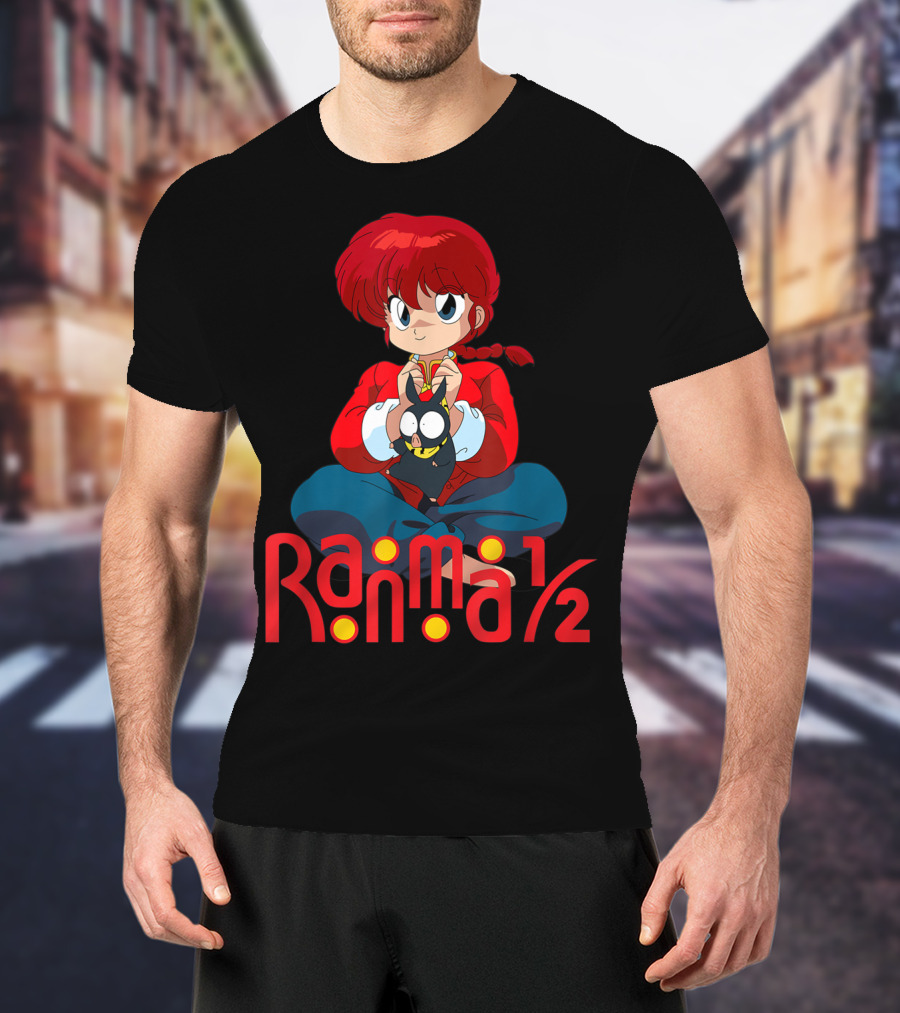 Ranma 1/2 Classic Anime Character Sitting With Black Cat T-Shirt