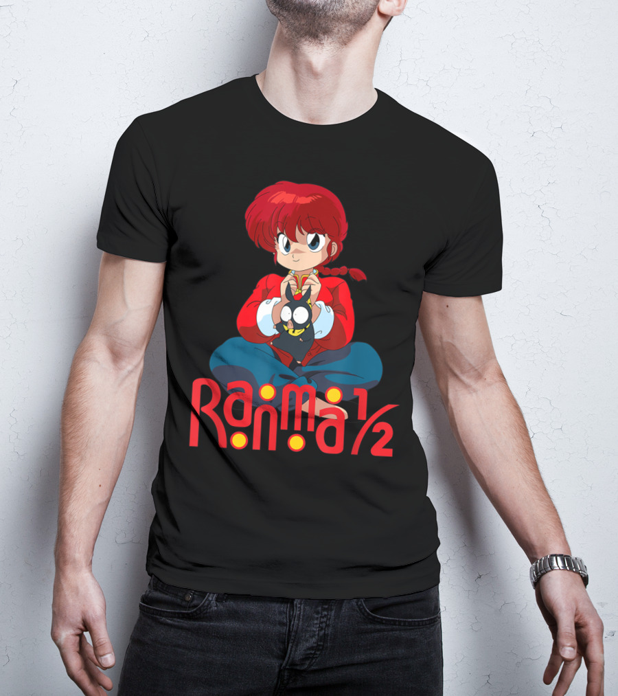 Ranma 1/2 Classic Anime Character Sitting With Black Cat T-Shirt