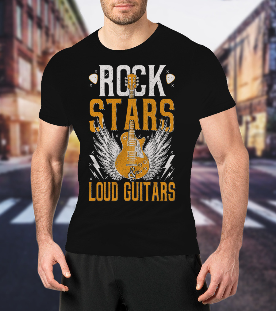 Rock Stars And Loud Guitars Vintage Classic Wings Electric Guitar T-Shirt