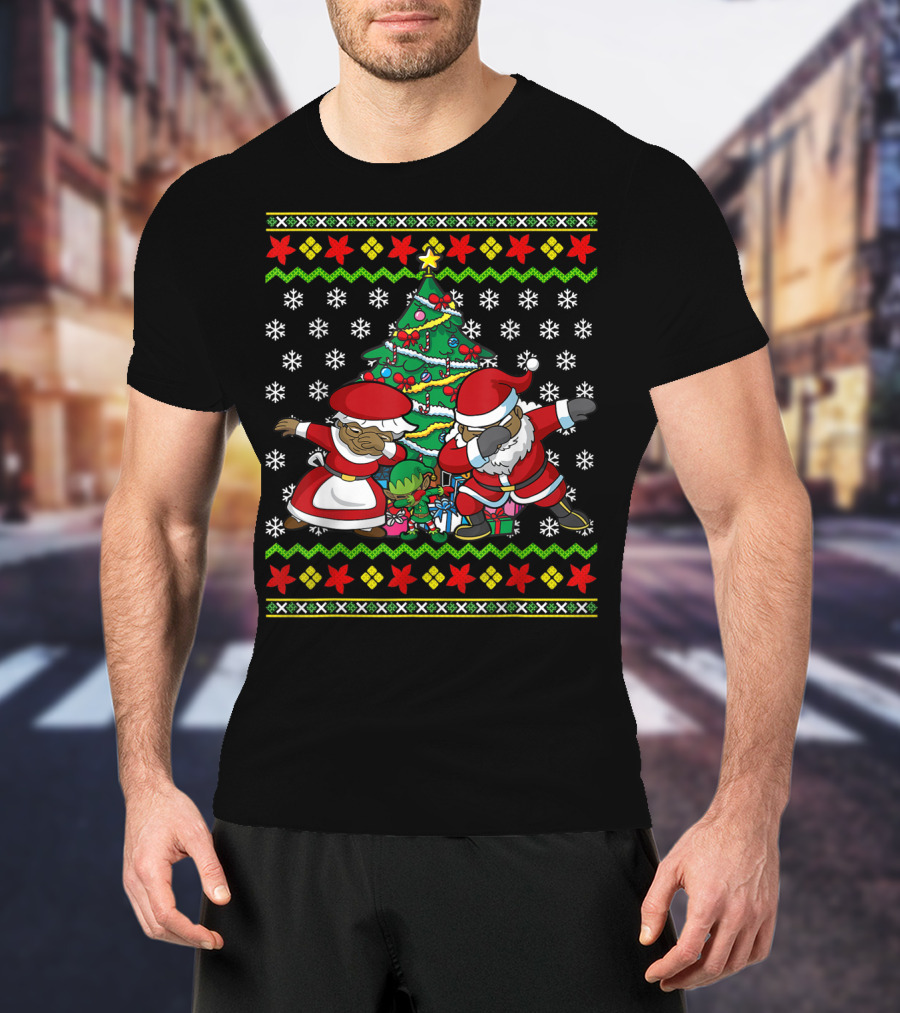 African American Dabbing Santa Mrs Claus Christmas Tree Snowflakes T-Shirt