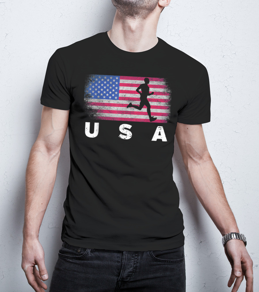 USA American Flag Track Field Running T-Shirt