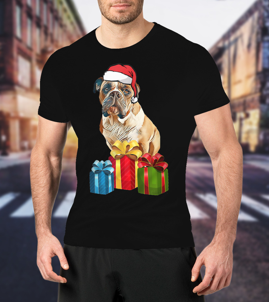 Bulldog With Santa Hat And Holiday Gifts T-Shirt