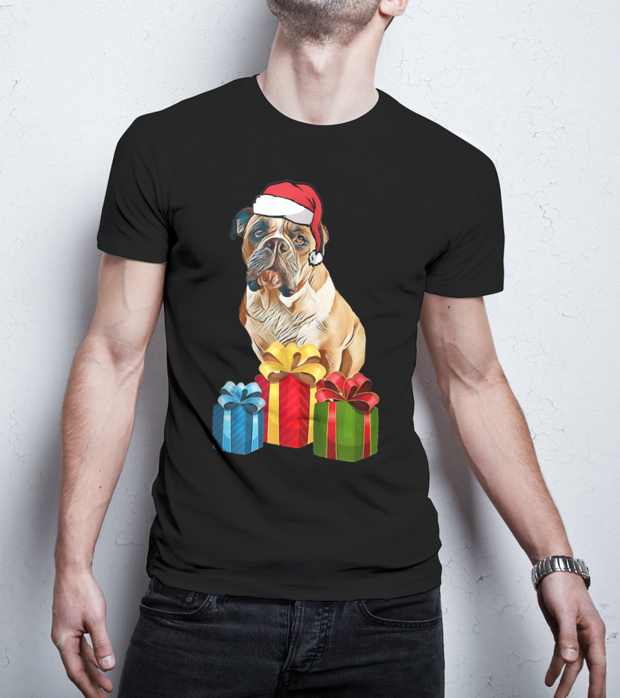Bulldog With Santa Hat And Holiday Gifts T-Shirt