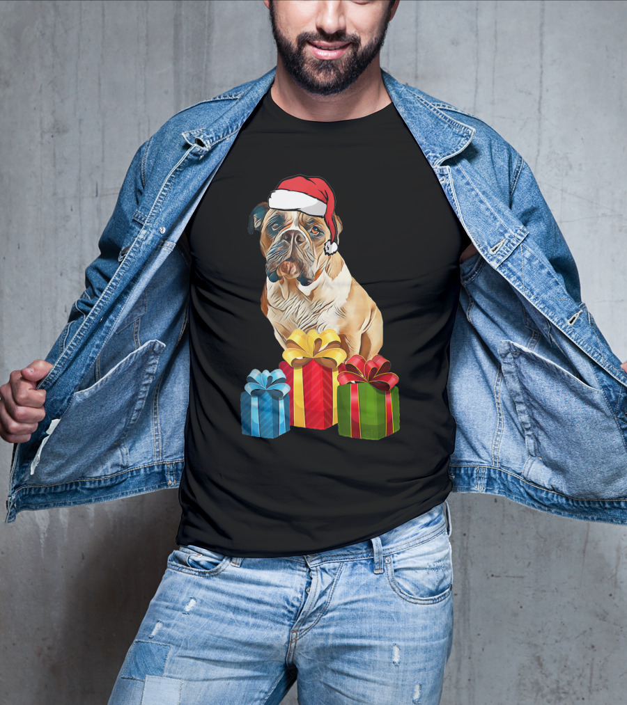 Bulldog With Santa Hat And Holiday Gifts T-Shirt