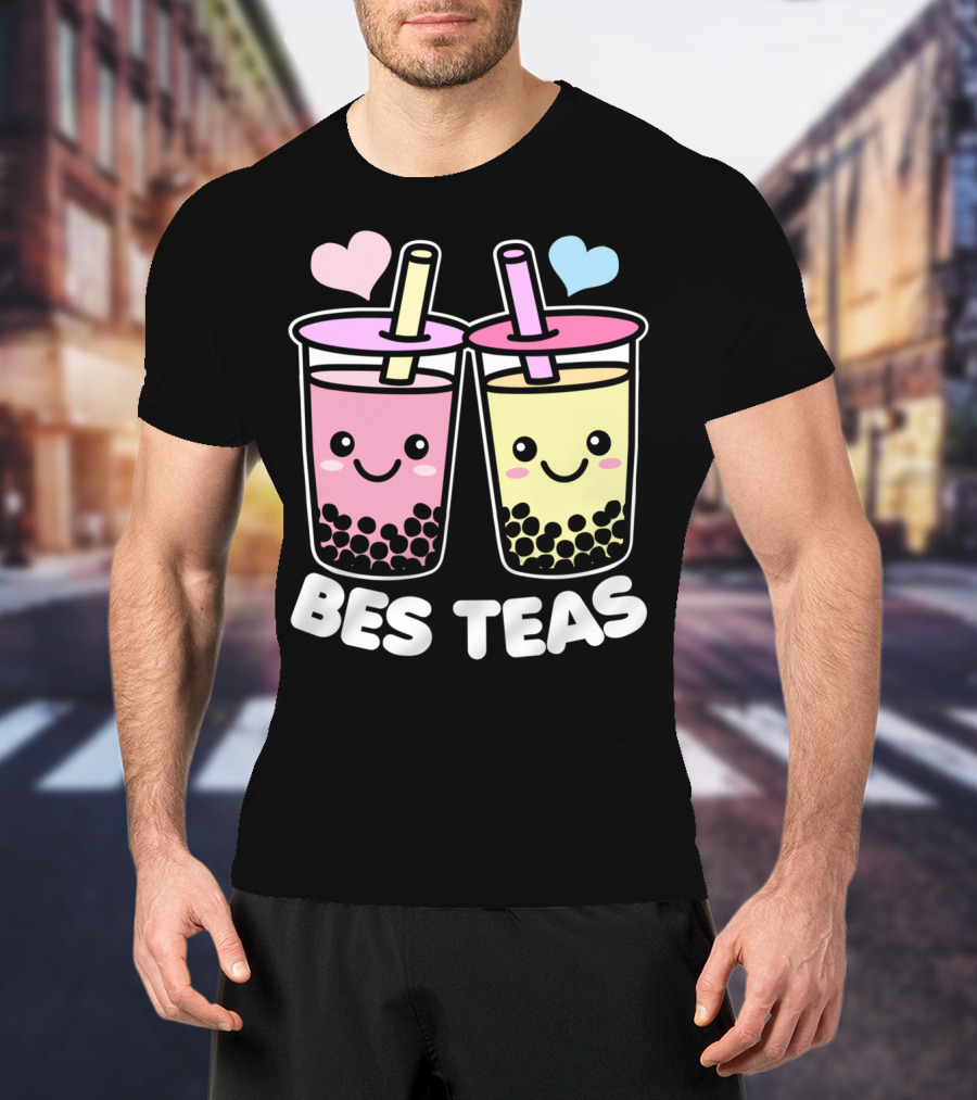 Bes Teas Cute Kawaii Boba Drinks Pink Yellow Hearts T-Shirt