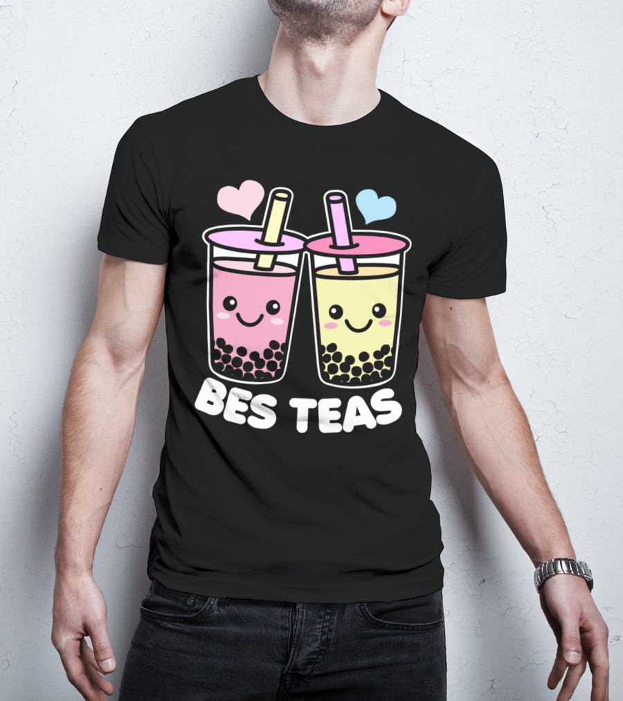 Bes Teas Cute Kawaii Boba Drinks Pink Yellow Hearts T-Shirt