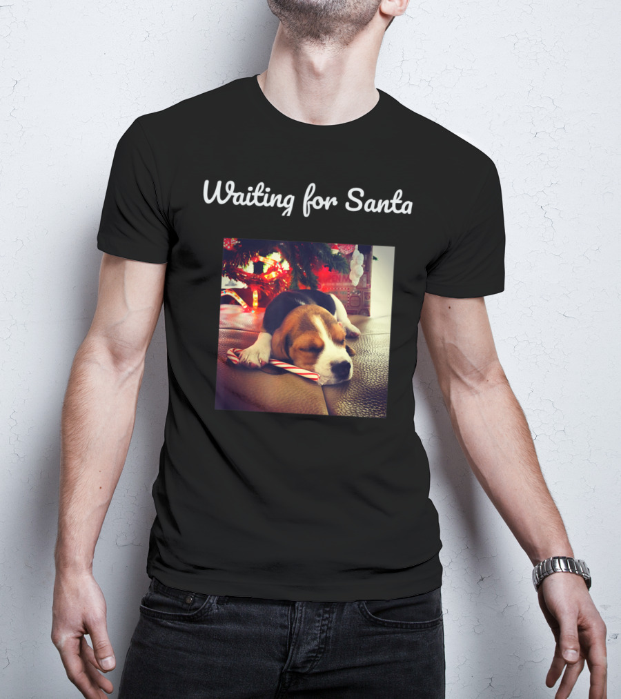 Waiting For Santa Cute Dog Under Christmas Tree With Candy Cane T-Shirt
