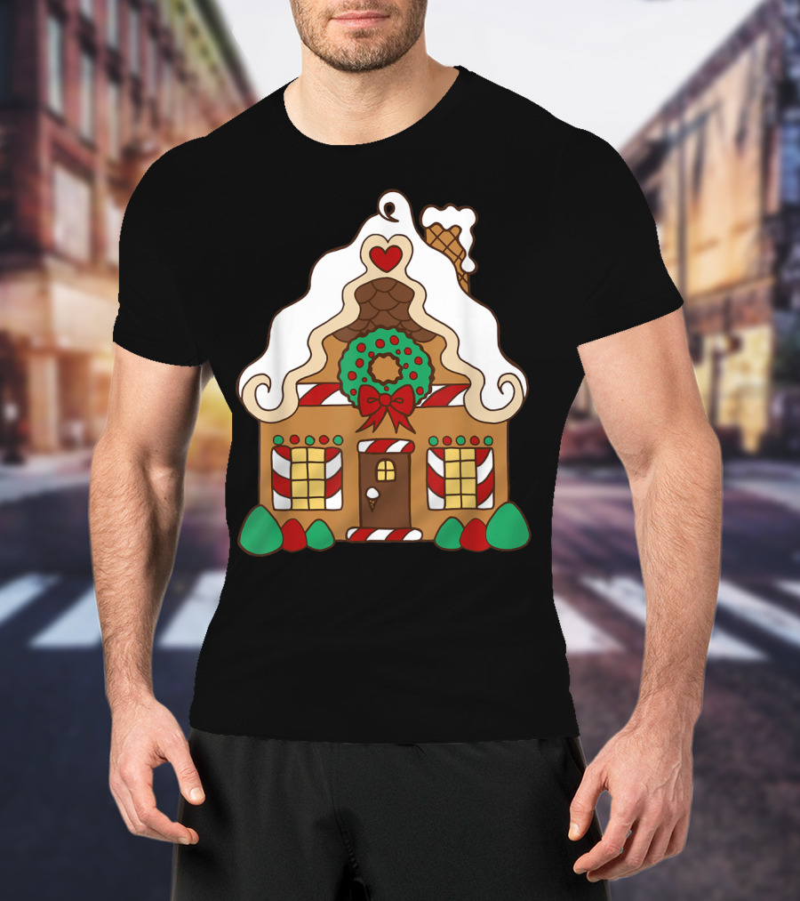 Christmas Gingerbread House With Candy Cane And Wreath T-Shirt
