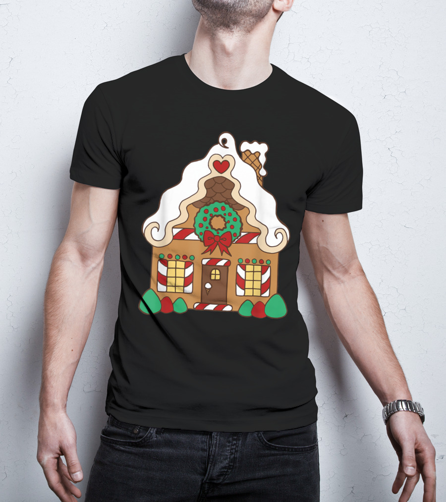 Christmas Gingerbread House With Candy Cane And Wreath T-Shirt