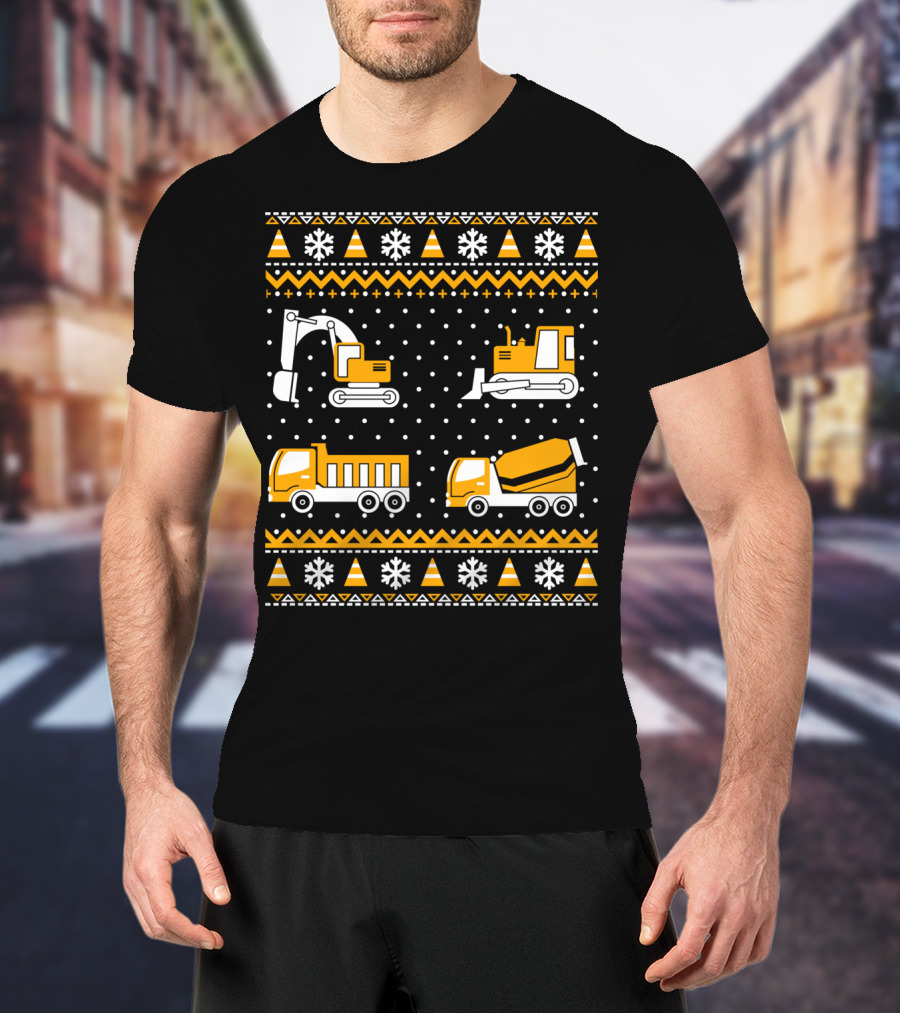 Construction Excavator Bulldozer Dump Truck Cement Mixer Snowflakes T-Shirt