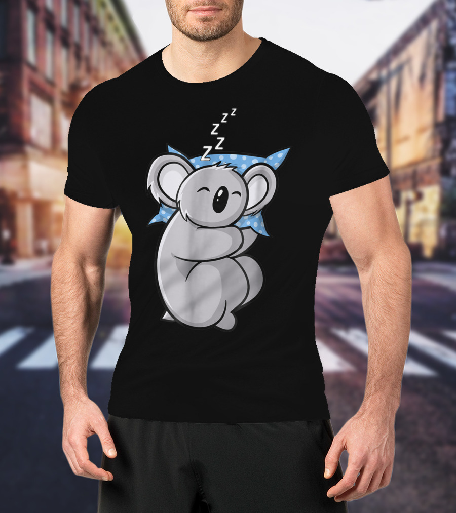 Cute Koala Bear Lazy Sleeping Animal With Blue Polka Dot Pillow T-Shirt