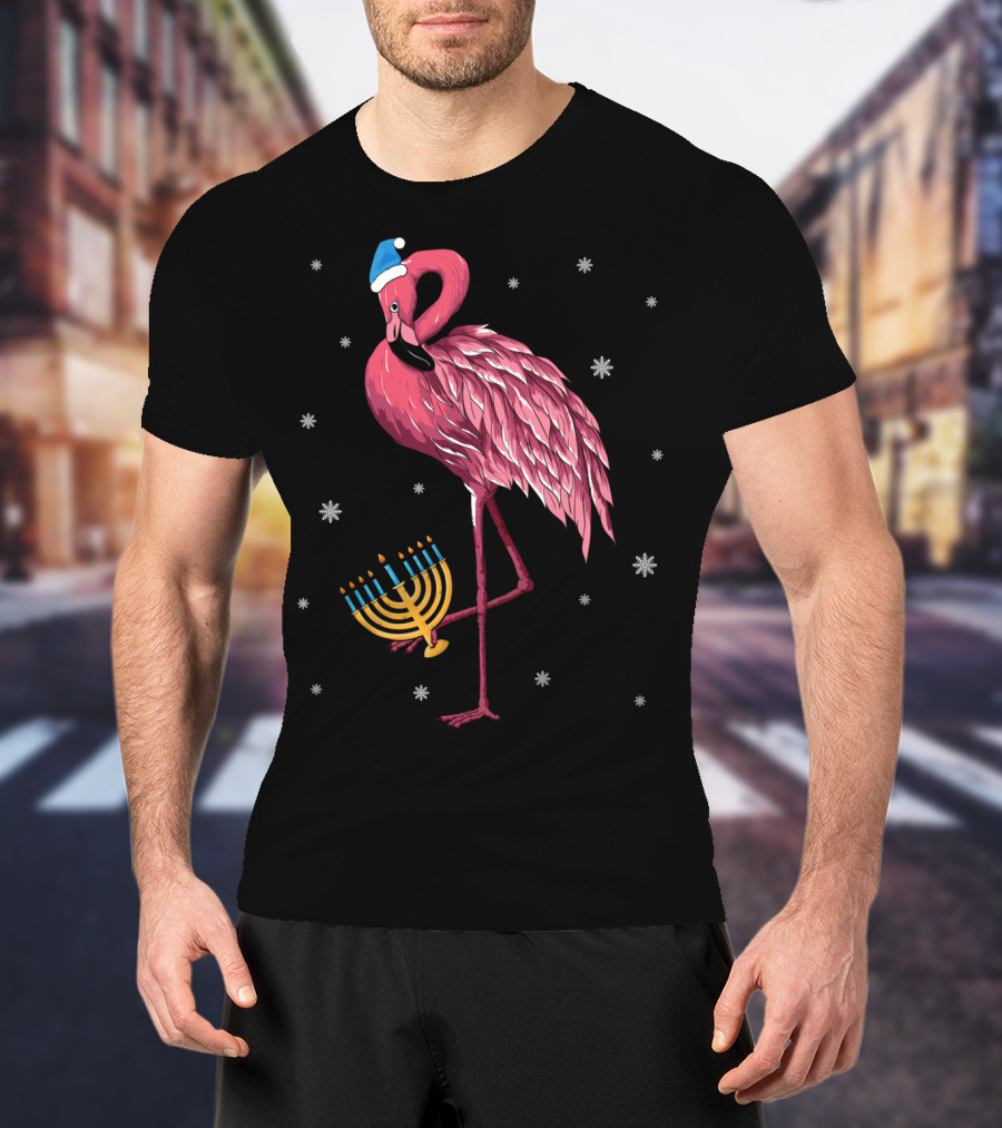 Cute Menorah Flamingo Hanukkah Chanukah With Snowflakes T-Shirt
