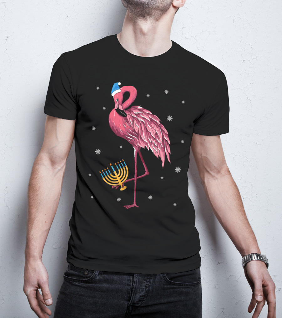 Cute Menorah Flamingo Hanukkah Chanukah With Snowflakes T-Shirt