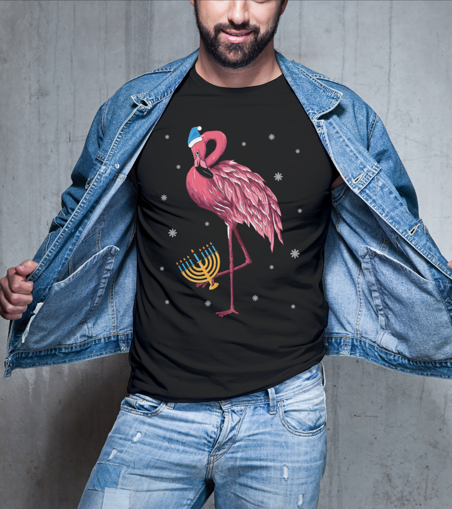 Cute Menorah Flamingo Hanukkah Chanukah With Snowflakes T-Shirt