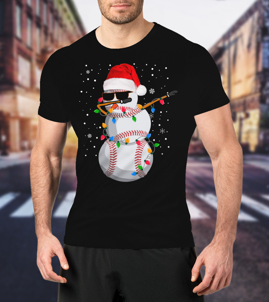 Dabbing Snowman Baseball Christmas Lights Santa Hat Sunglasses T-Shirt