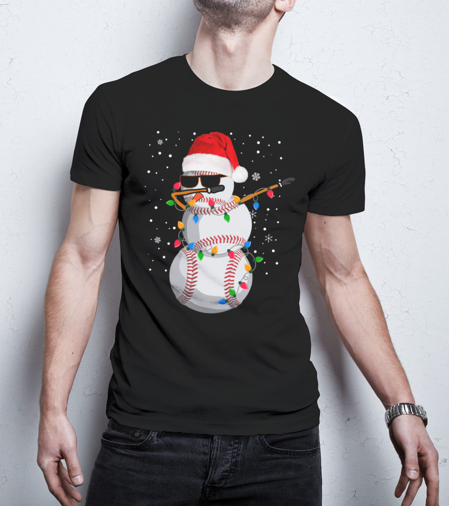 Dabbing Snowman Baseball Christmas Lights Santa Hat Sunglasses T-Shirt