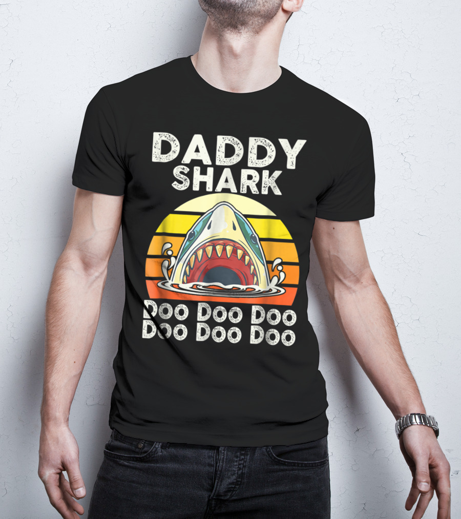 Daddy Shark Doo Doo Doo Doo Doo Doo Funny Sunset Shark Face T-Shirt