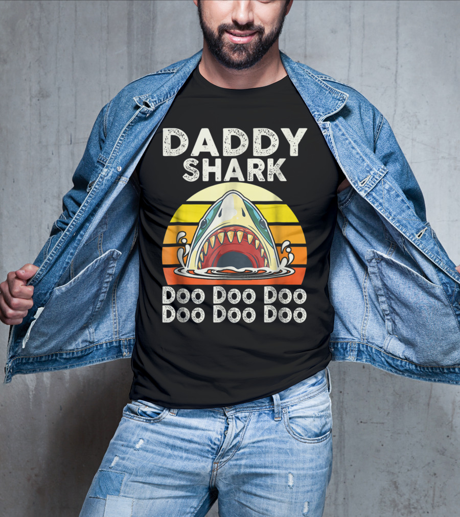 Daddy Shark Doo Doo Doo Doo Doo Doo Funny Sunset Shark Face T-Shirt